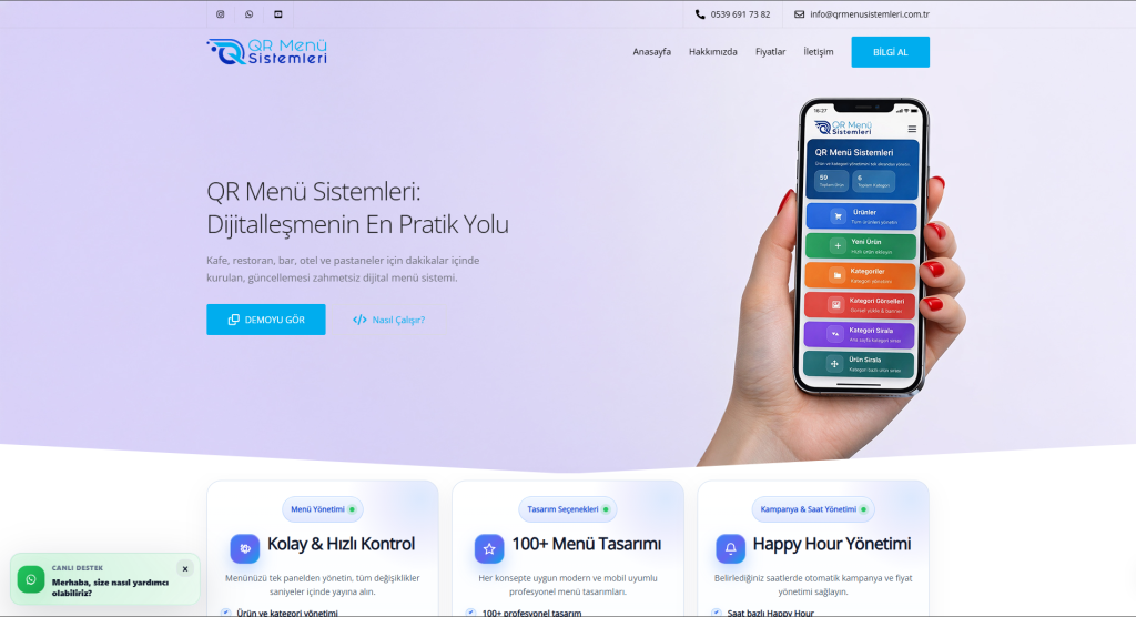 QR Menü Sistemleri masaüstü web sitesi ekran görüntüsü