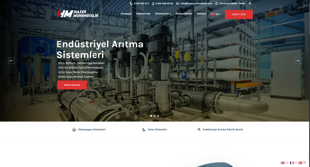 Hazer Mühendislik masaüstü web sitesi ekran görüntüsü